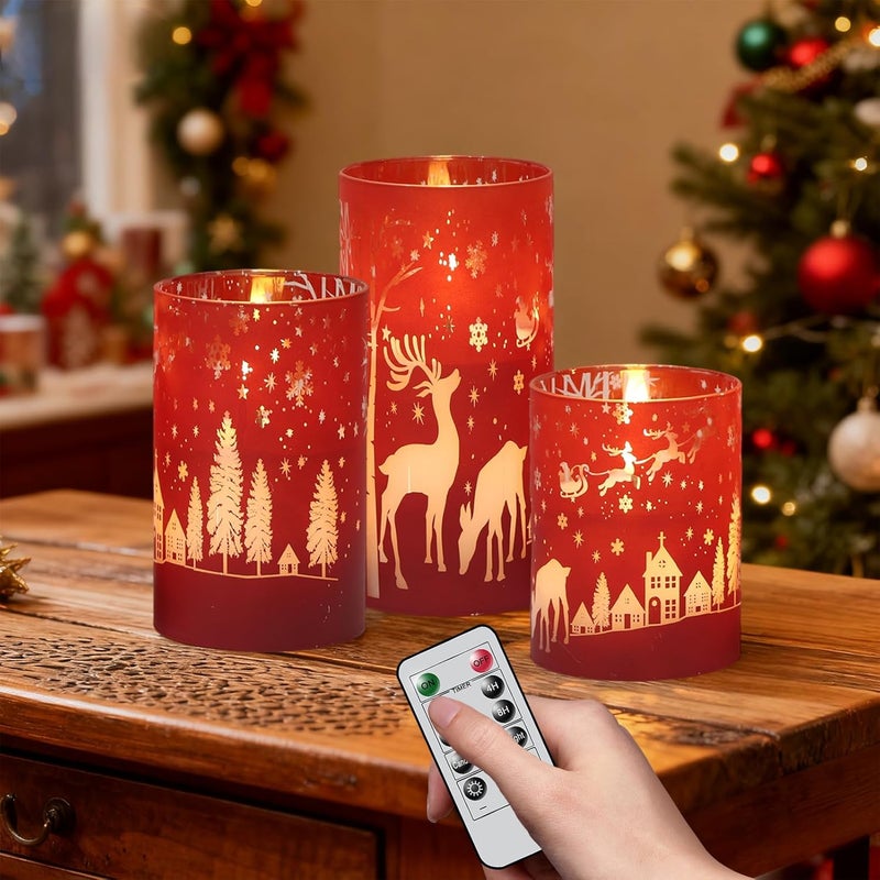 DRomance Christmas Flameless Candles Battery Operated with 10-Key Remote and Timer 3D Wick Flickering Electroplating Glass Reindeer LED Candles Indoor Holiday Decorations(Red, 3" D x 4", 5", 6" H) - Image 1